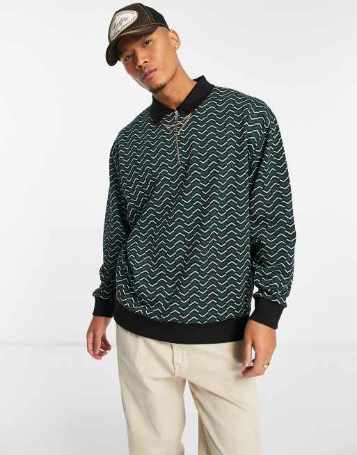 ASOS DESIGN oversized rugby polo sweatshirt in green chevron texture