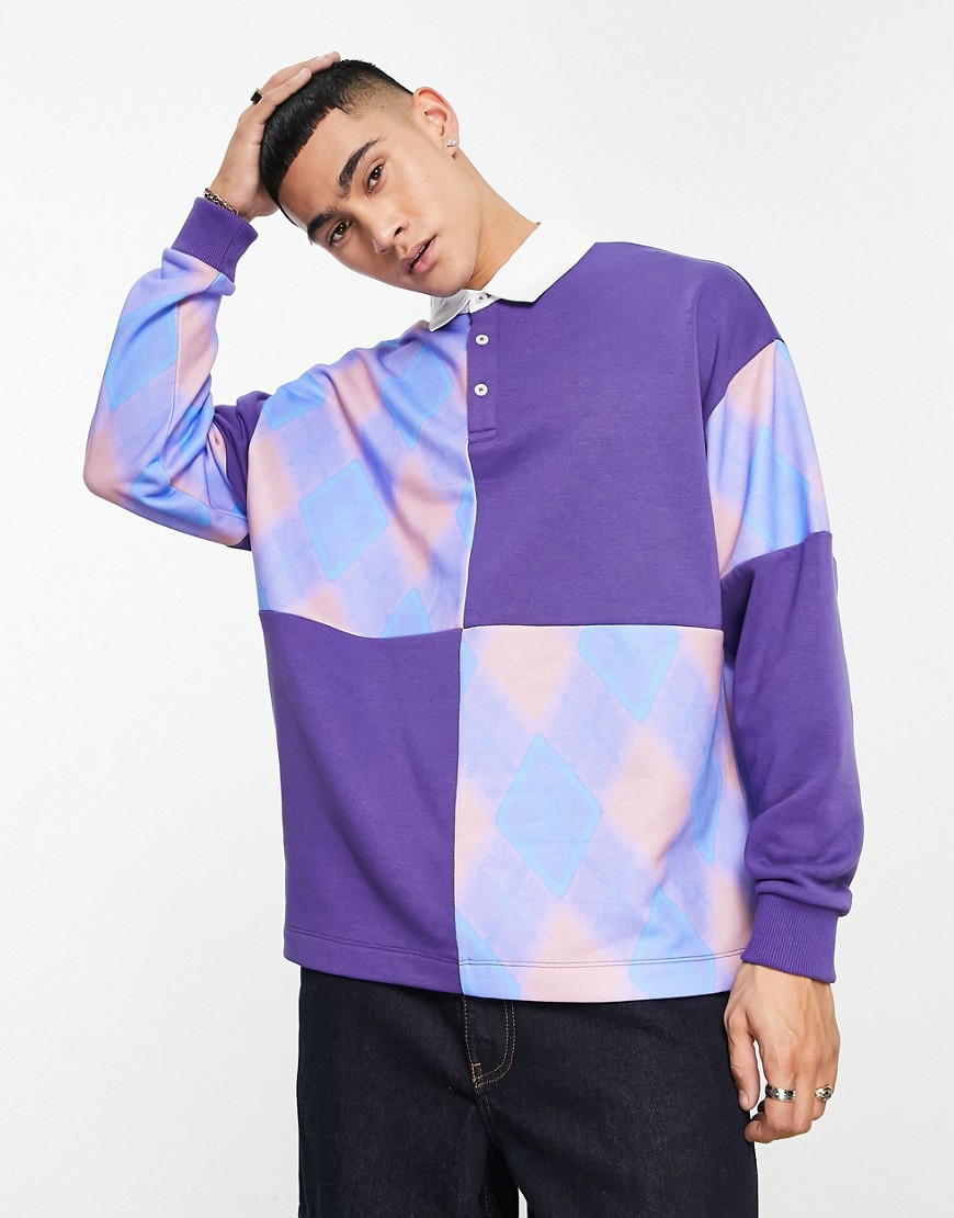 ASOS DESIGN oversized rugby polo sweatshirt with check panelling in purple