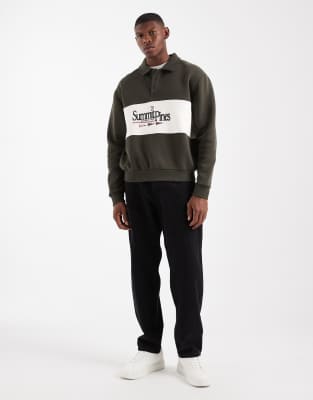 Asos Design Oversized Rugby Polo Sweatshirt With Color Blocking And Print In Gray