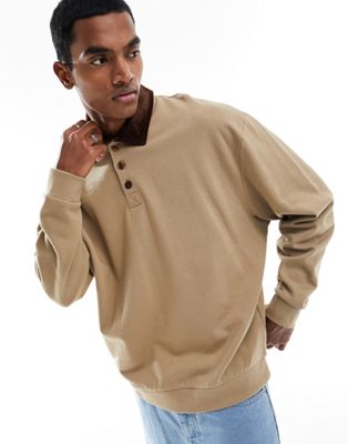 ASOS DESIGN oversized rugby polo sweatshirt with cord collar in brown  - ASOS Price Checker