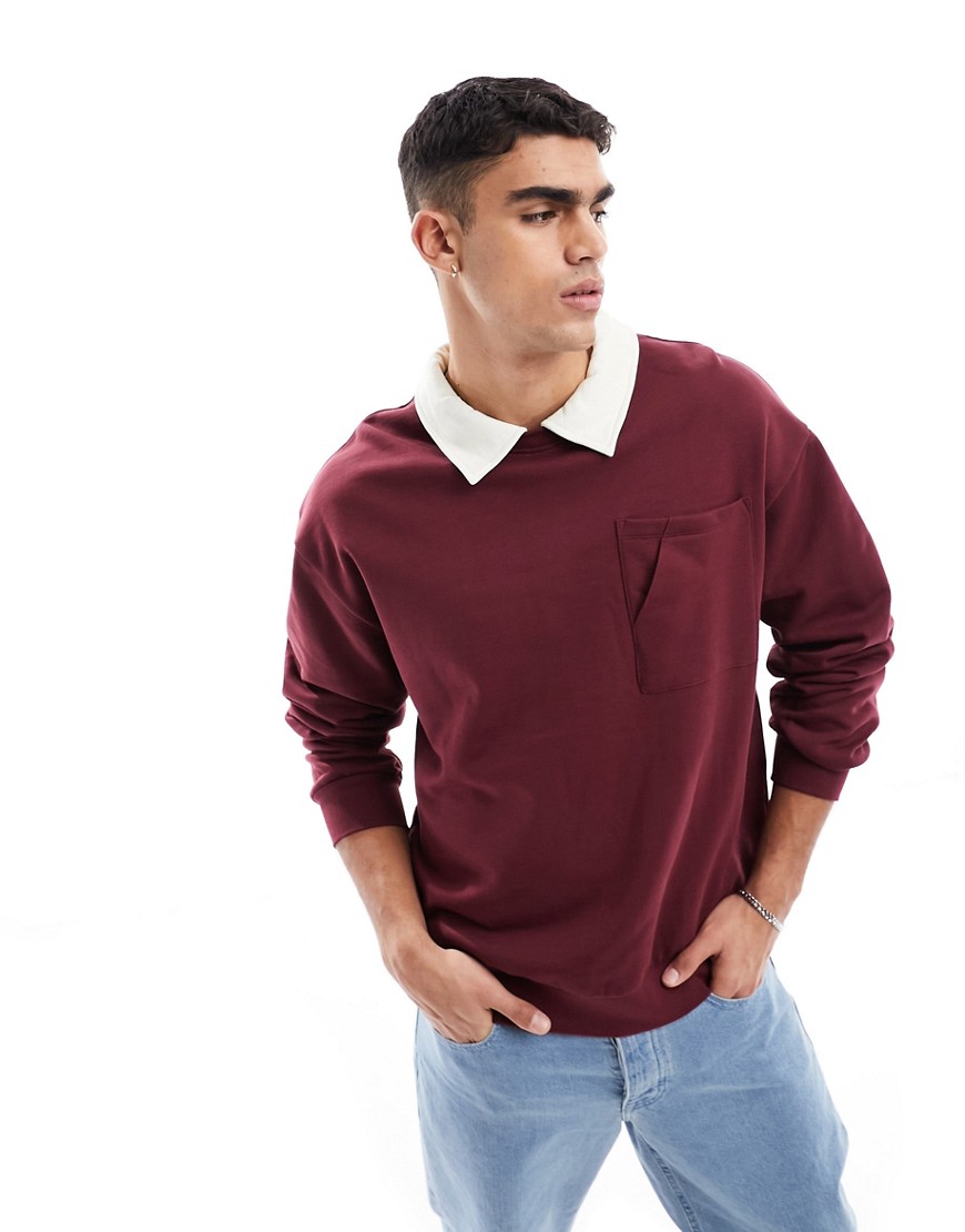 ASOS DESIGN oversized rugby polo sweatshirt with faux collar in burgundy-Red