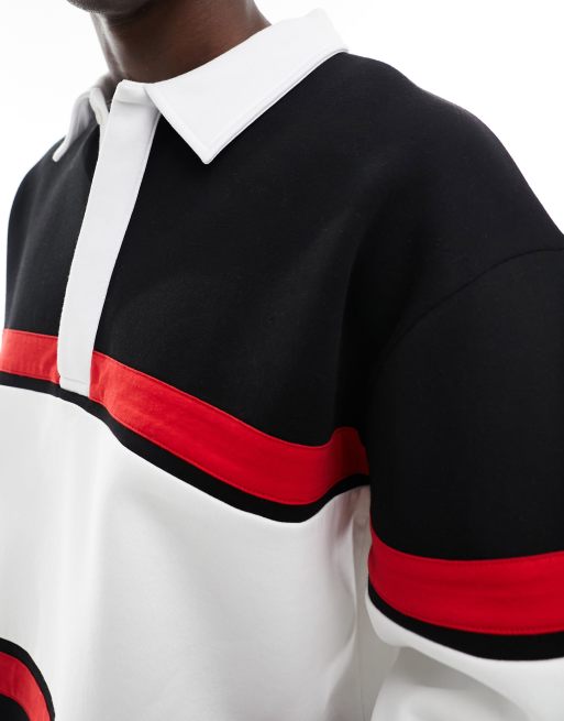 ASOS DESIGN oversized rugby polo sweatshirt with stripe detail in black, 4 of 4