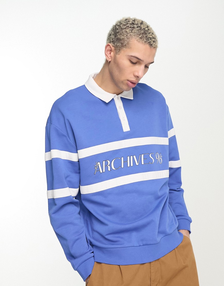 ASOS DESIGN oversized rugby polo sweatshirt with text print in blue