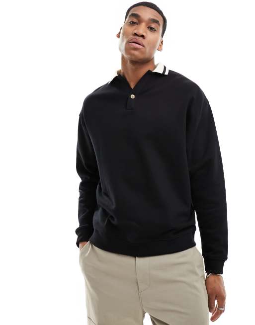 ASOS DESIGN oversized rugby polo sweatshirt with tipping in black