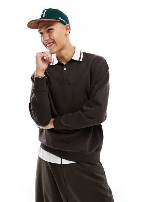 ASOS DESIGN oversized rugby polo sweatshirt with tipping in brown