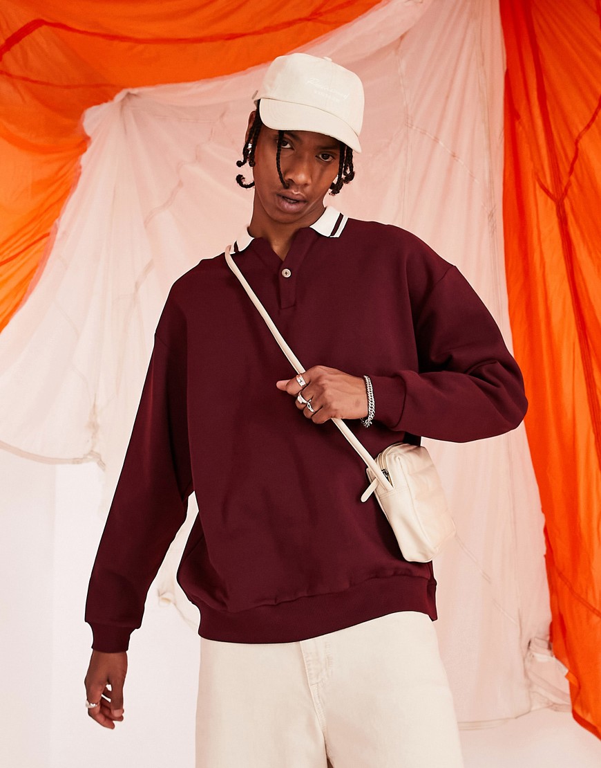 ASOS DESIGN oversized rugby polo sweatshirt with tipping in burgundy-Red
