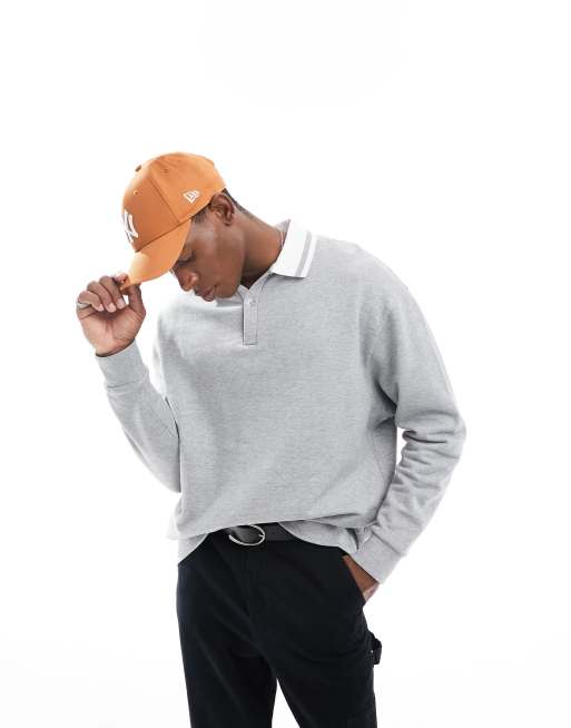 ASOS DESIGN oversized rugby polo sweatshirt with tipping in gray