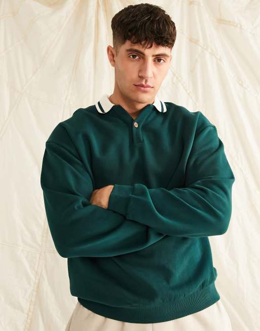 ASOS DESIGN oversized rugby polo sweatshirt with tipping in green | ASOS