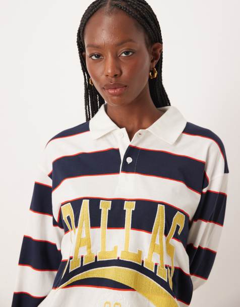 ASOS DESIGN oversized rugby polo top with Dallas graphic in black stripe - view 1