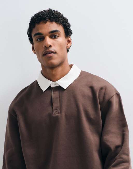 ASOS DESIGN oversized rugby polo with contrast collar in brown, 2 of 5