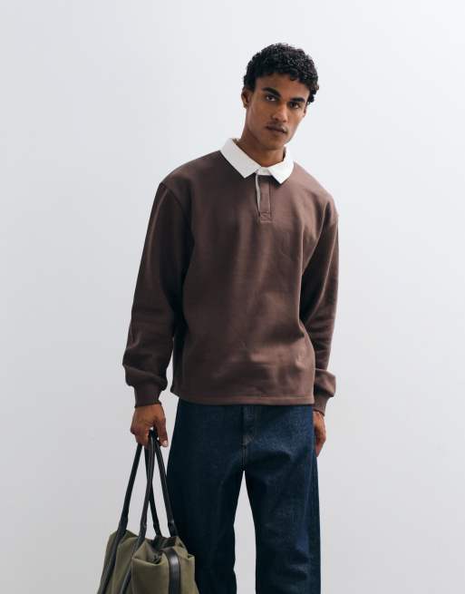 ASOS DESIGN oversized rugby polo with contrast collar in brown, 4 of 5