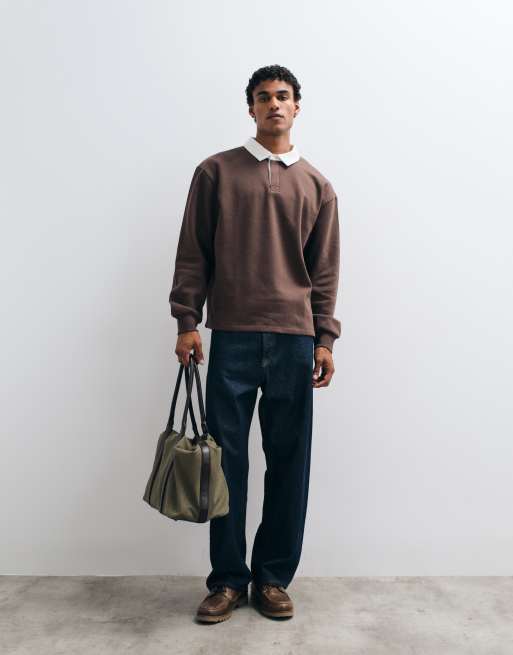 ASOS DESIGN oversized rugby polo with contrast collar in brown, 5 of 5