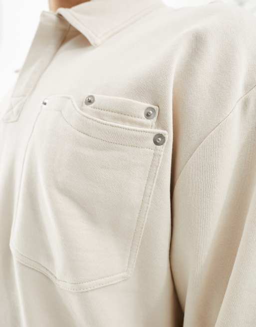 ASOS DESIGN oversized rugby polo with laid on pocket detail in beige, 2 of 4
