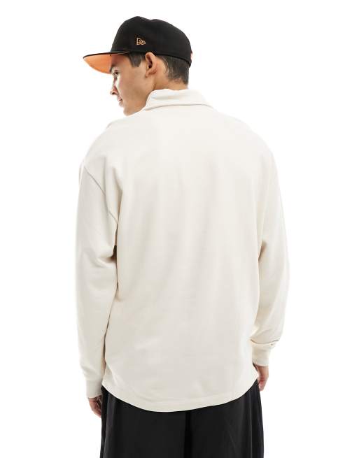 ASOS DESIGN oversized rugby polo with laid on pocket detail in beige, 4 of 4