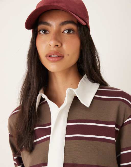 ASOS DESIGN oversized rugby shirt in khaki stripe