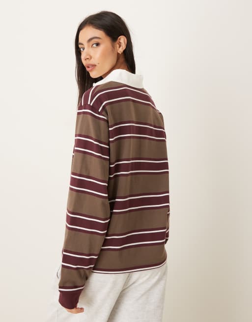 ASOS DESIGN oversized rugby shirt in khaki stripe
