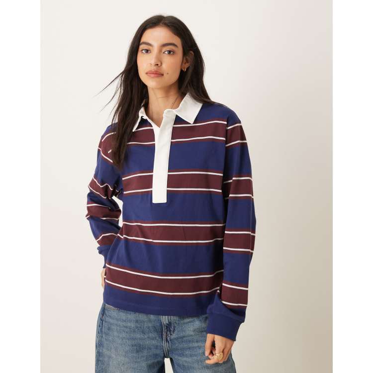 Front Row Sewn Stripe Long Sleeve Rugby Shirt - Burgundy/Navy, Heavy Jersey, Traditional Collar, Reinforced Cuffs - View #10