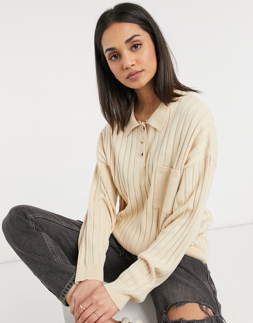 ASOS DESIGN oversized rugby style sweater with collar detail and pocket in beige-White