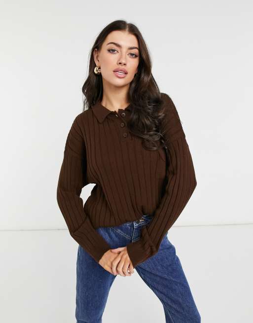 ASOS DESIGN oversized rugby style sweater with collar detail and pocket in brown