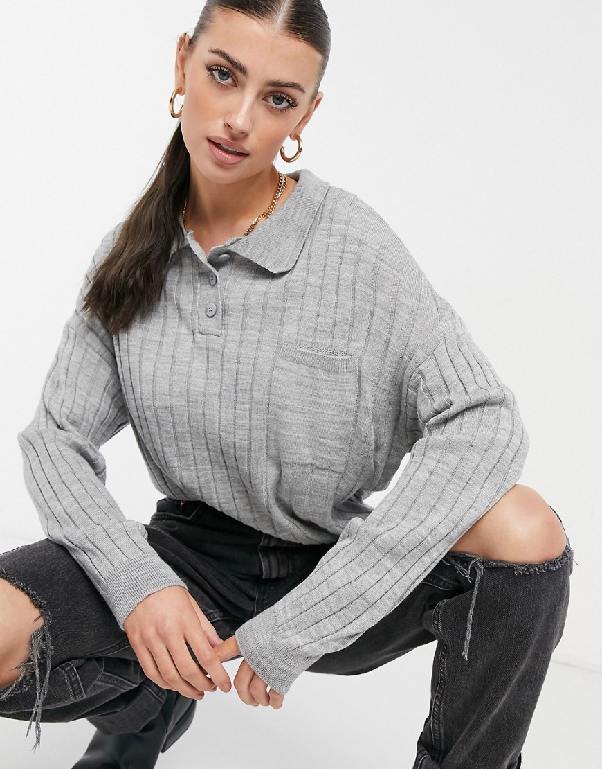 ASOS DESIGN oversized rugby style sweater with collar detail and pocket in gray-Grey