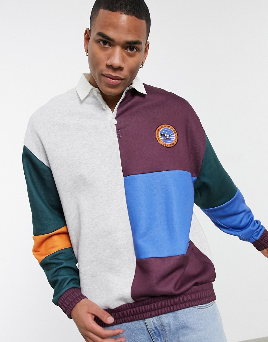ASOS DESIGN oversized rugby sweatshirt in color block with chest badge-Multi