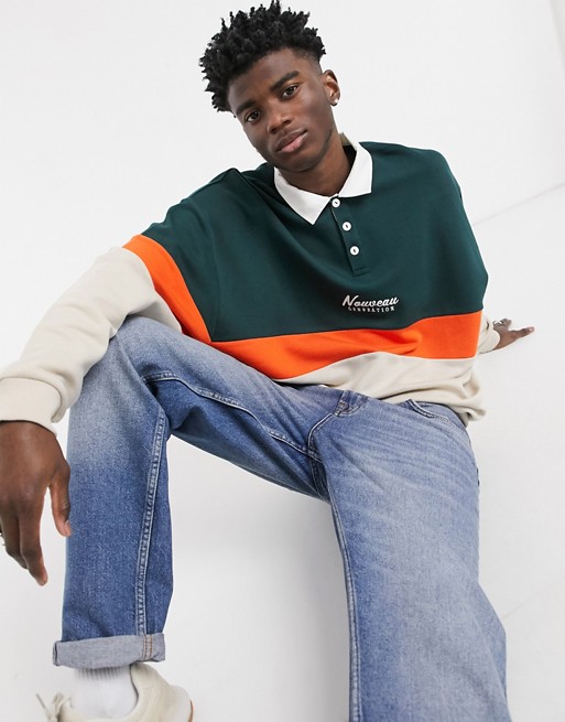 ASOS DESIGN oversized rugby sweatshirt in colour block with text print