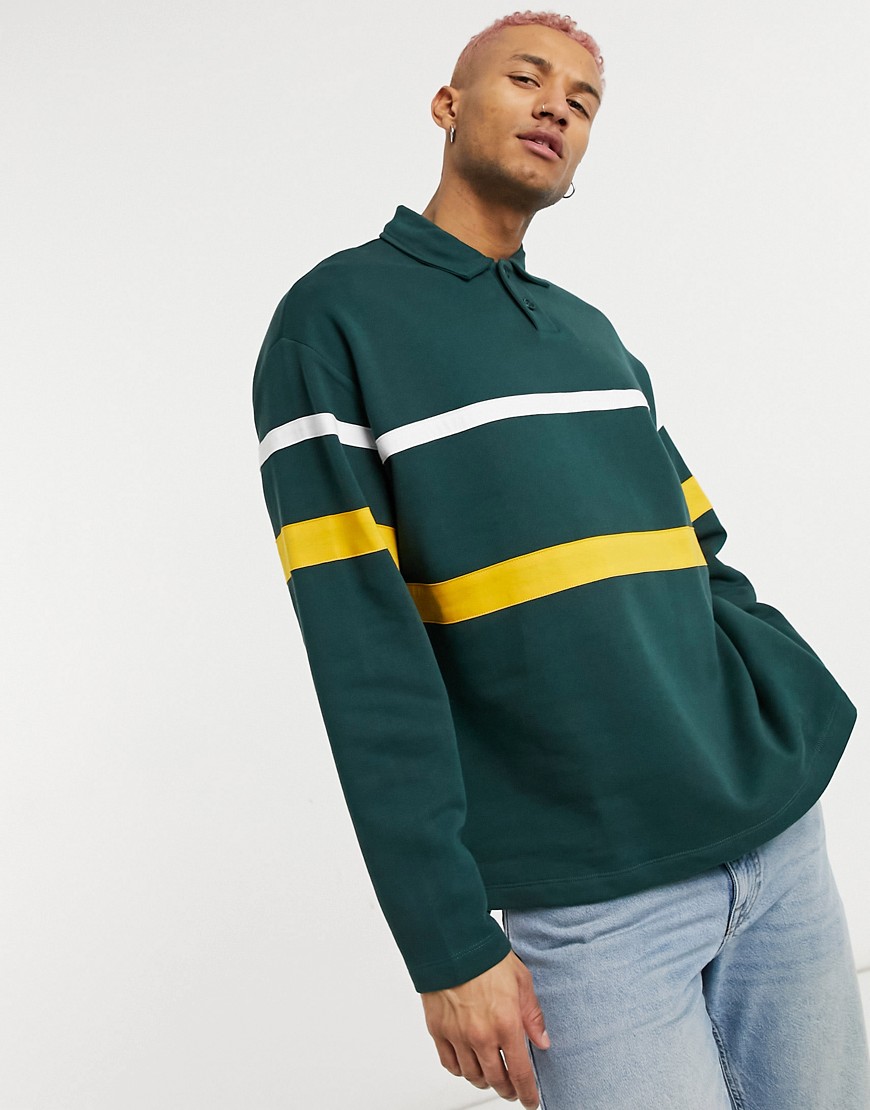 ASOS DESIGN oversized rugby sweatshirt in forest green with yellow & white stripes