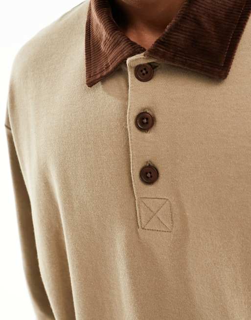 ASOS DESIGN - Oversized rugby-sweatshirt met corduroy kraagje in bruin , 2 van 4