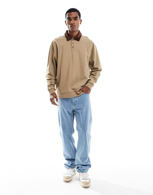 ASOS DESIGN - Oversized rugby-sweatshirt met corduroy kraagje in bruin , 4 van 4