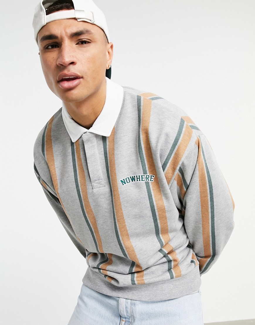 ASOS DESIGN oversized rugby sweatshirt with all over stripes and text print-Grey
