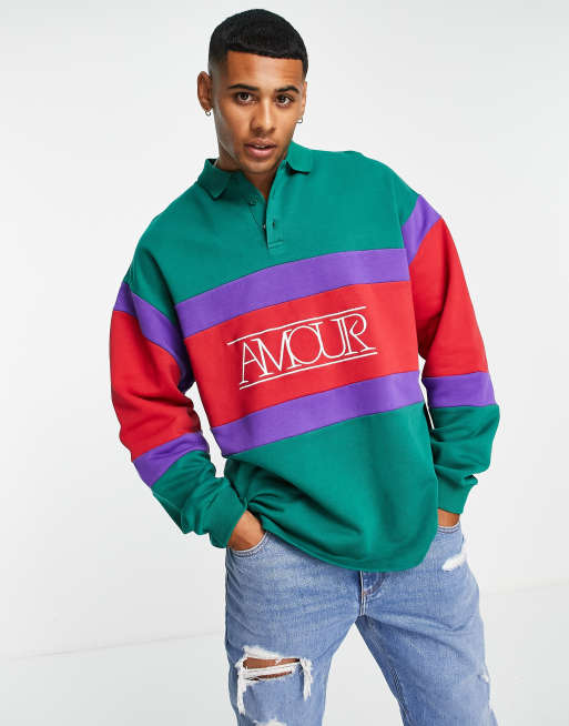 ASOS DESIGN oversized rugby sweatshirt with color block detail and text print