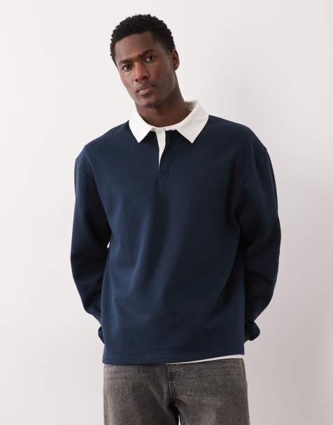 ASOS DESIGN oversized rugby sweatshirt with contrast twill collar in navy - view 1