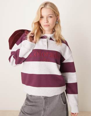 Asos Design Oversized Rugby Sweatshirt With Embroidery In Burgundy Stripe-red