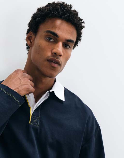 ASOS DESIGN oversized rugbypolo met lange mouwen en contrasterende stiksels in navy, 3 van 5