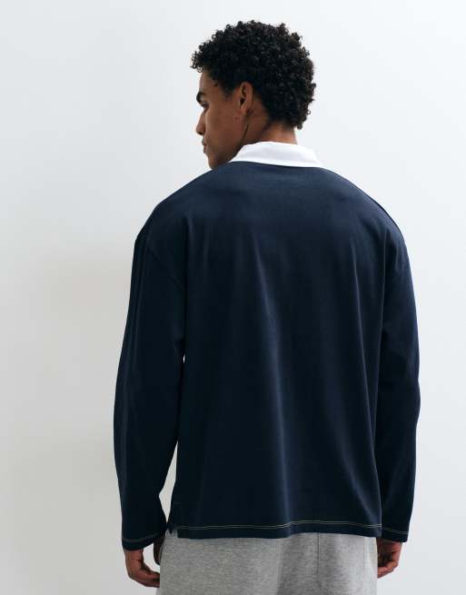 ASOS DESIGN oversized rugbypolo met lange mouwen en contrasterende stiksels in navy, 5 van 5