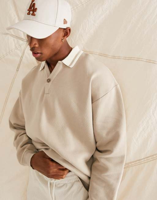 ASOS DESIGN - Oversized rugbyshirt met polokraag en gekleurde randjes in beige