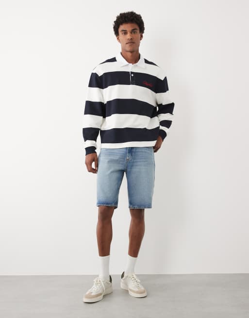 ASOS DESIGN - Oversized rugbyshirt met polokraag in marineblauw en wit gestreept, 3 van 5