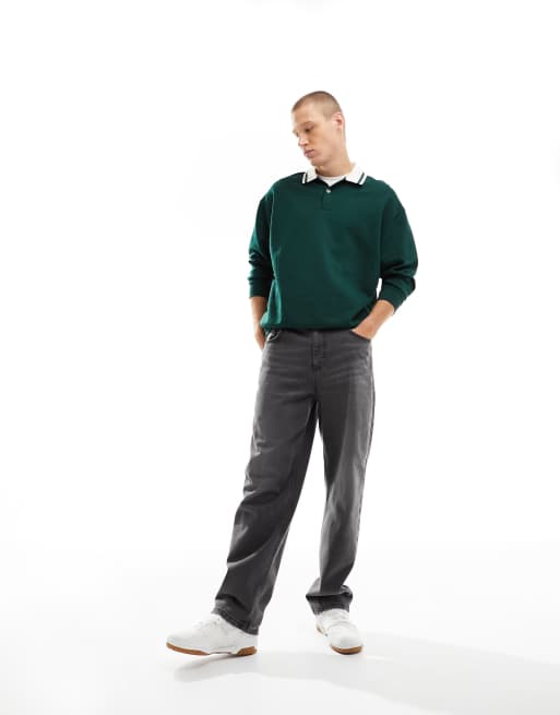 ASOS DESIGN - Oversized rugbyshirt met polokraag met een gekleurd randje in donkergroen
