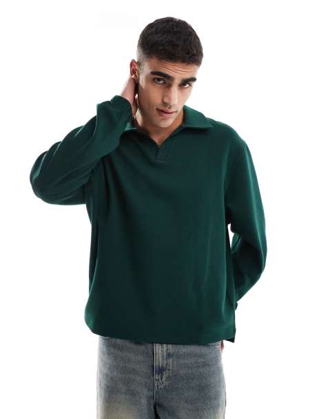 ASOS DESIGN - Oversized rugbyshirt van twill in donkergroen - view 1