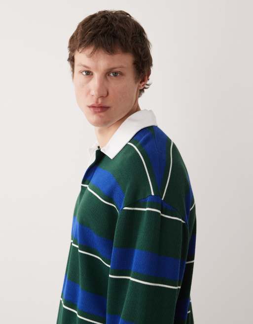 ASOS DESIGN - Oversized rugbyshirt van zware stof met lange mouwen in groen gestreept , 4 van 5
