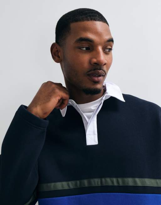 ASOS DESIGN oversized rugbytröja med kontrastpanel och krage i marinblått, 2 av 9