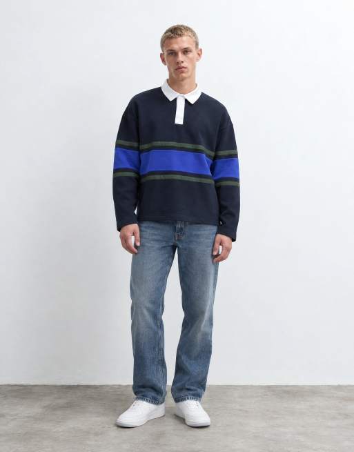 ASOS DESIGN oversized rugbytröja med kontrastpanel och krage i marinblått, 9 av 9