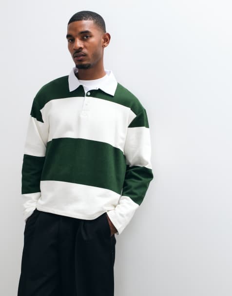 ASOS DESIGN oversized rugbytröja med polokrage i naturvit och grön rand - view 1