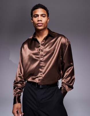 Asos Design Oversized Sateen Shirt In Dark Brown