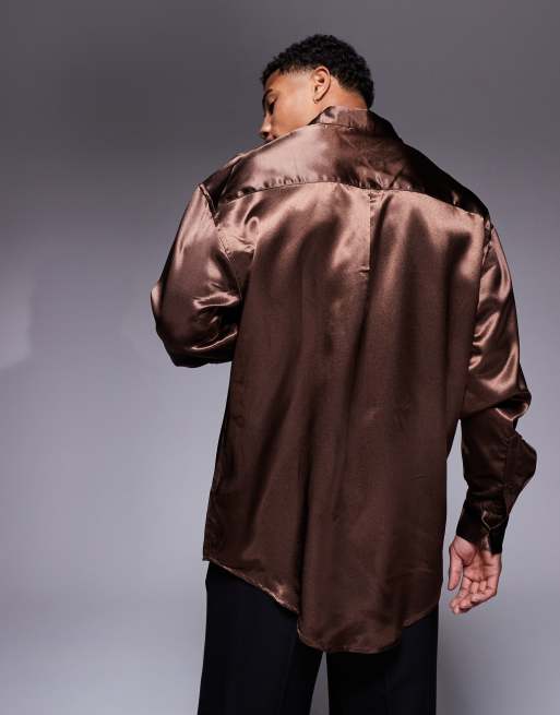 ASOS DESIGN oversized sateen shirt in dark brown | ASOS