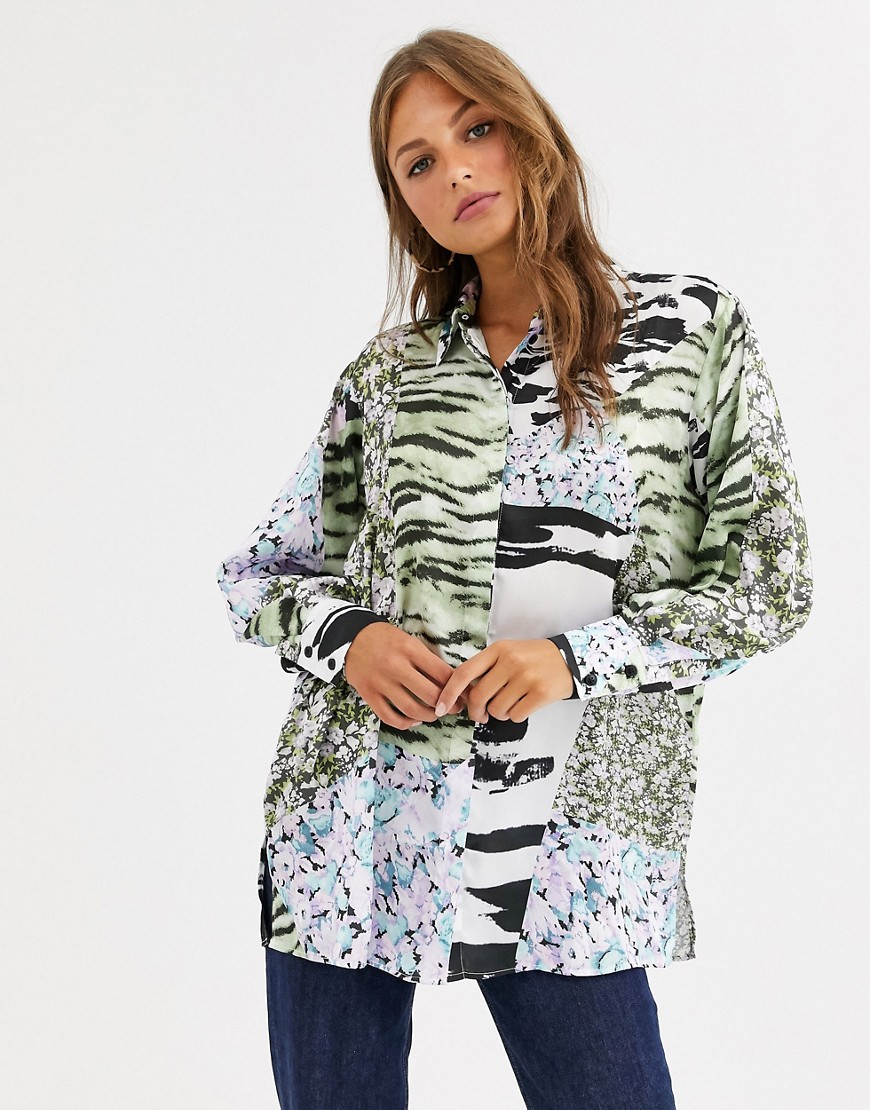 ASOS DESIGN - Oversized satijnen overhemd met gemengde sjaalprint-Multi