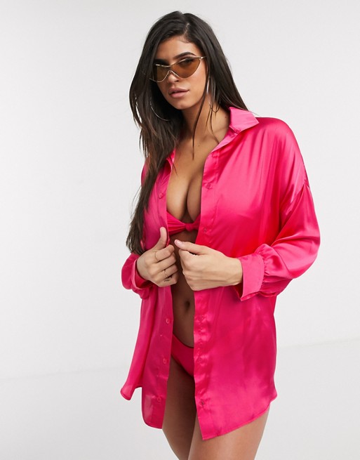 ASOS DESIGN oversized satin beach shirt in hot pink high shine