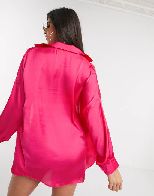 Bright Pink Satin Long Sleeve Oversized Shirt