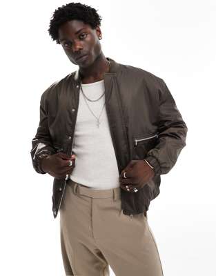 Asos Design Oversized Satin Bomber Jacket In Brown