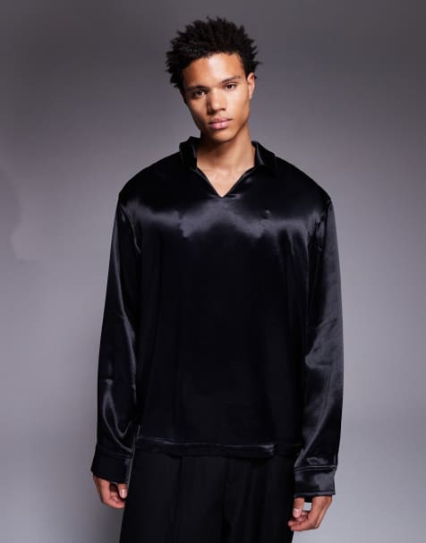 ASOS DESIGN oversized satin overhead shirt in black - view 1